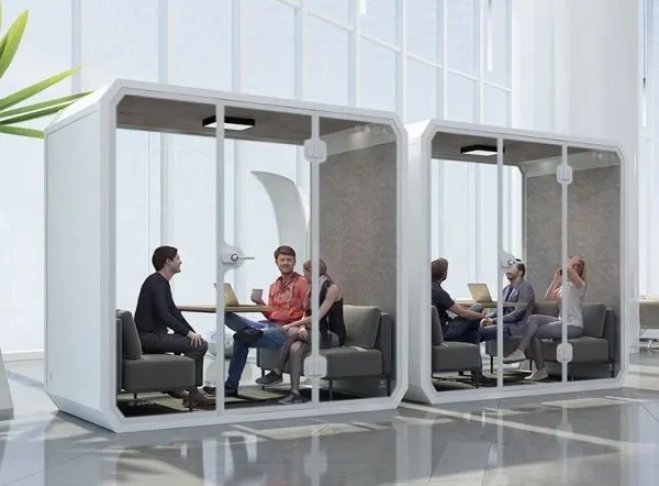 Acoustic office booth blocking open-plan noise for focus