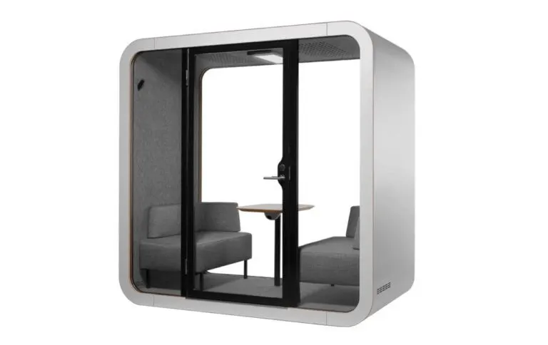 Two-person meeting pod providing a confidential setting for HR and client conversations