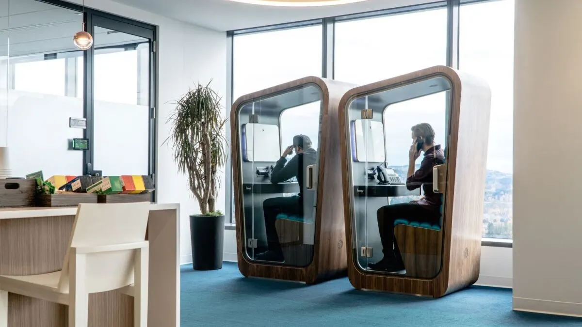 Acoustic meeting pods in a modern open-plan office