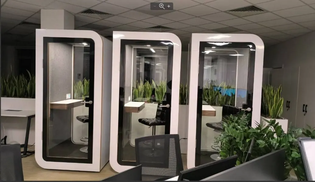 Modular office booths distributed across a flexible hybrid workplace