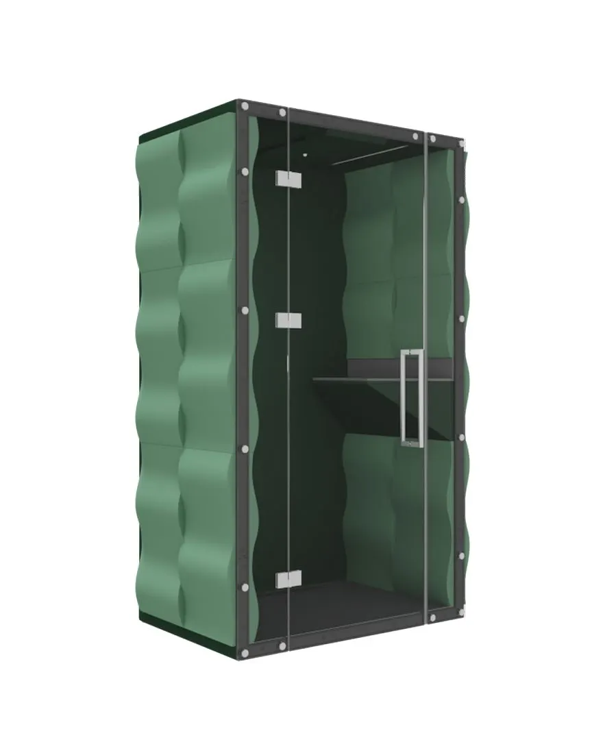 Soundproof one-person phone booth for private calls and video meetings in a busy office