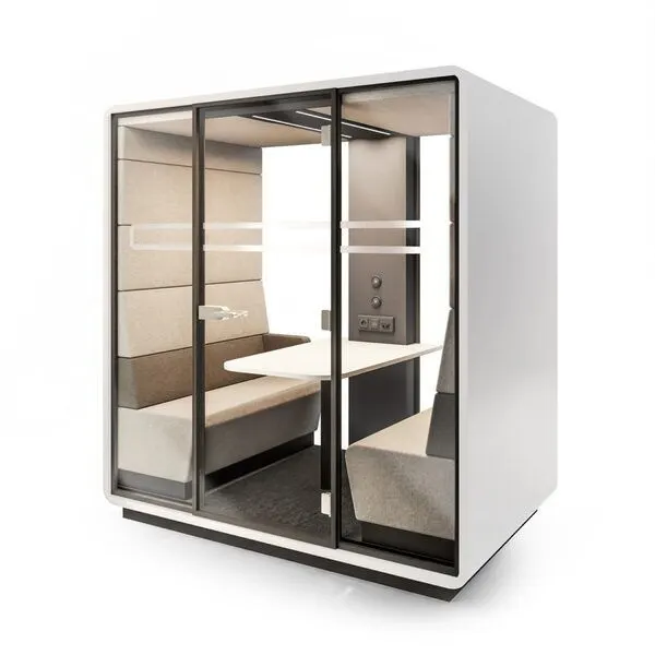 Two-person acoustic booth with smart controls in a modern office